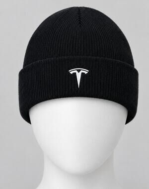 Tesla Logo Beanie Hat Port and Company Black Knit Pre Owned